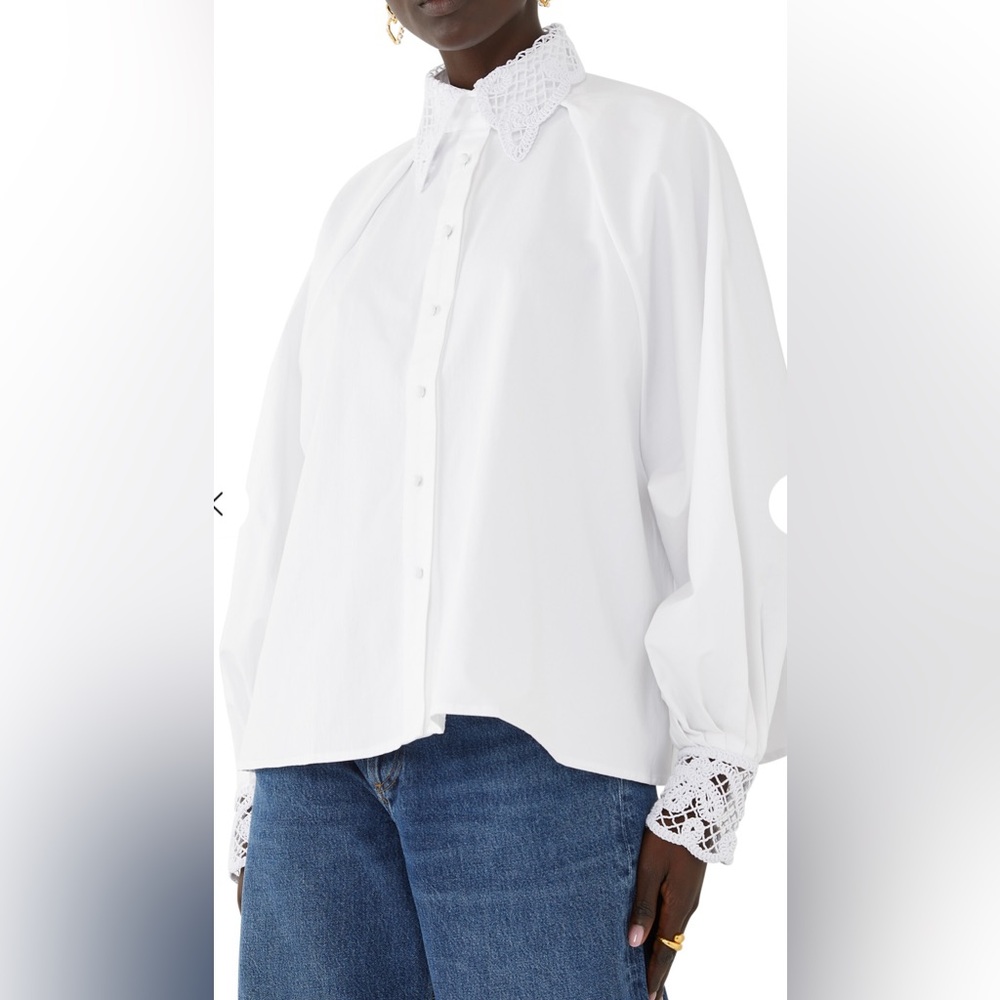 CLEA Remi Australia white button down crochet trim sz med m balloon sleeve
